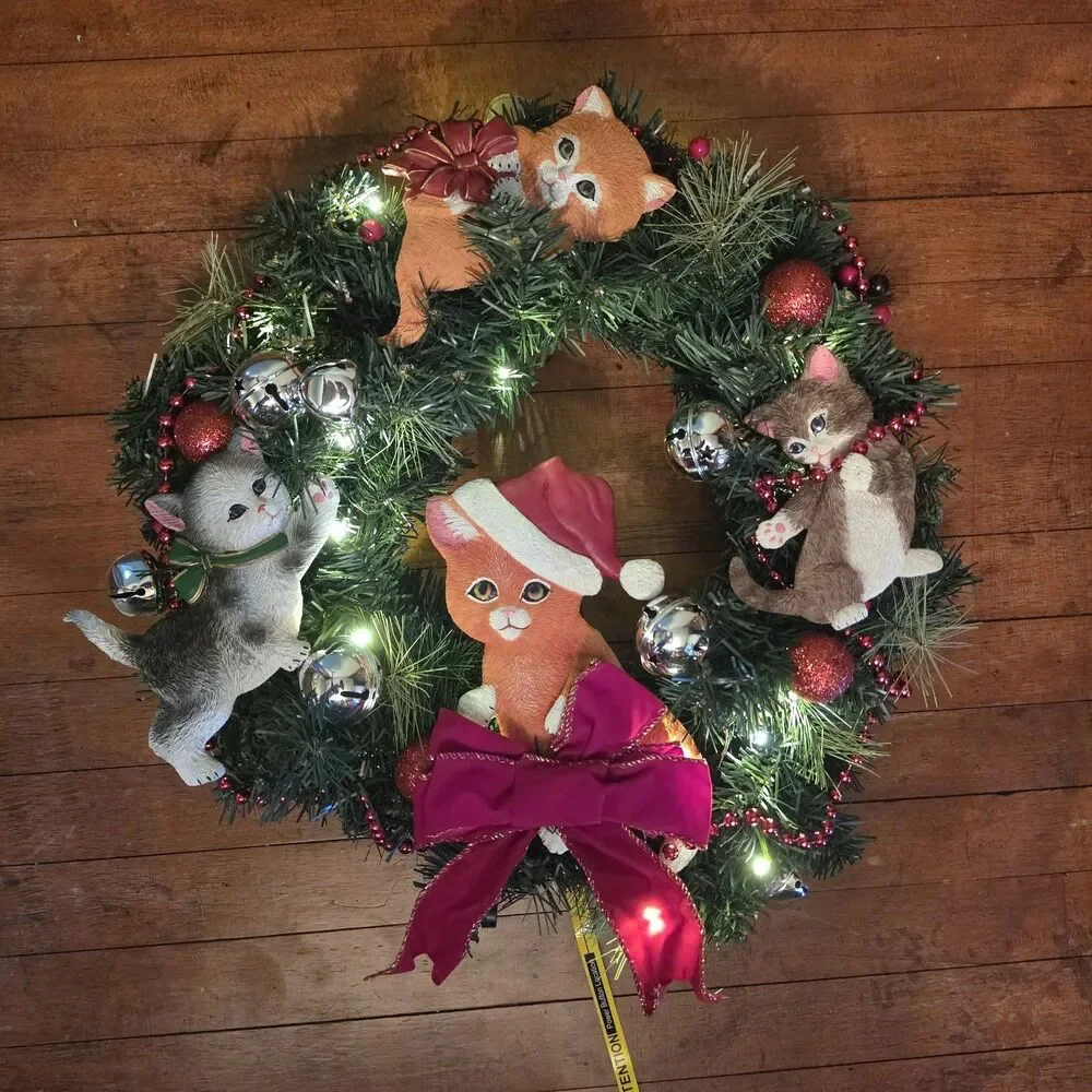 Bradford Exchange Jürgen Scholz Light Up Cat Kitten Christmas Holiday Wreath